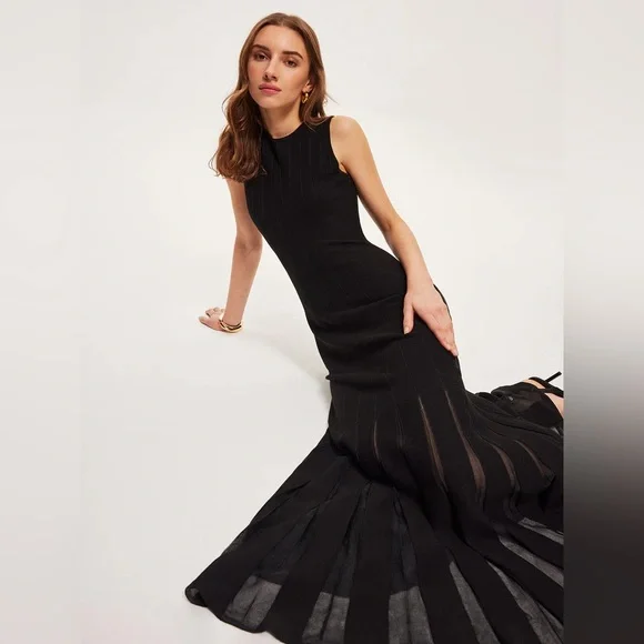 Semi-Sheer Mesh Flared Dress Without Belt M - Picture 3 of 4